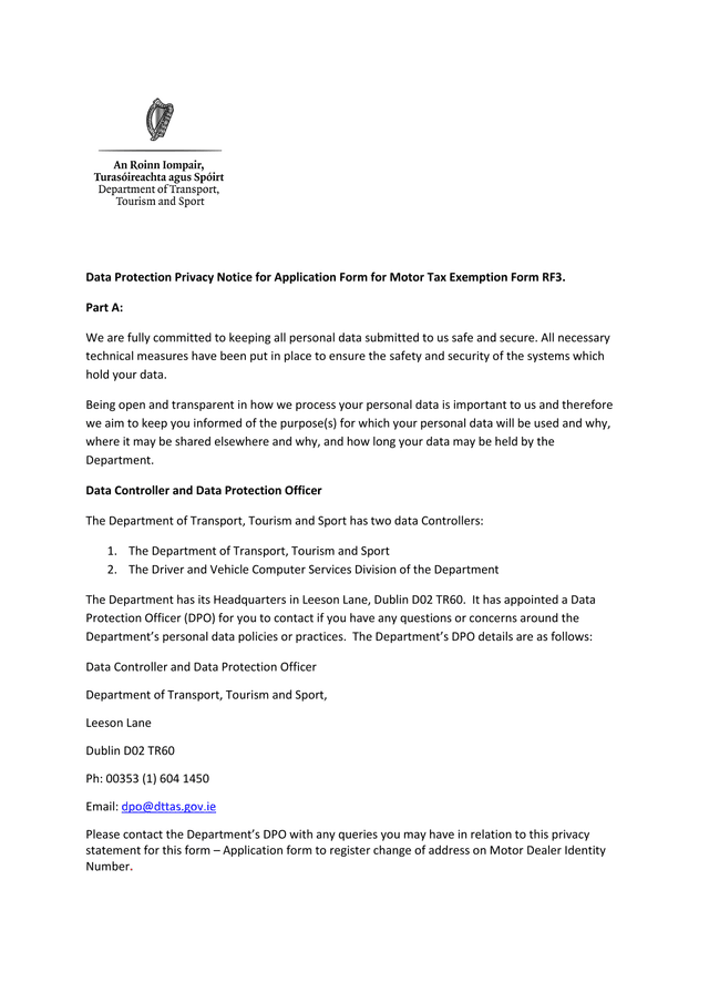 Data Protection Privacy Notice For Application Form For Motor Tax Exemption Form RF3 screenshot