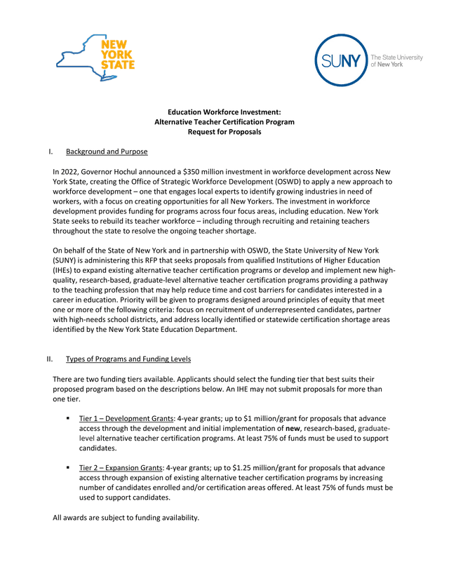 Education Workforce Investment Alternative Teacher Certification Program Request For Proposals screenshot