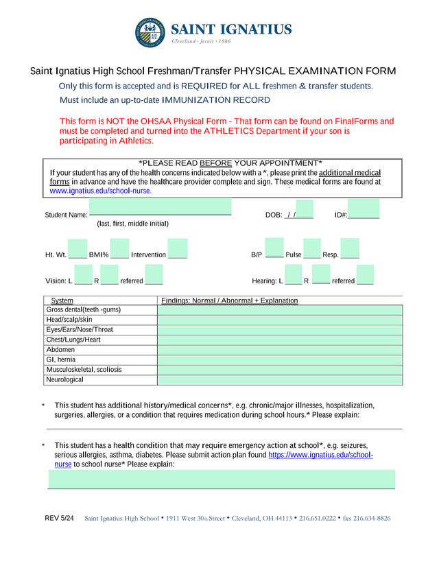 Saint Ignatius High School FreshmanTransfer PHYSICAL EXAMINATION FORM screenshot