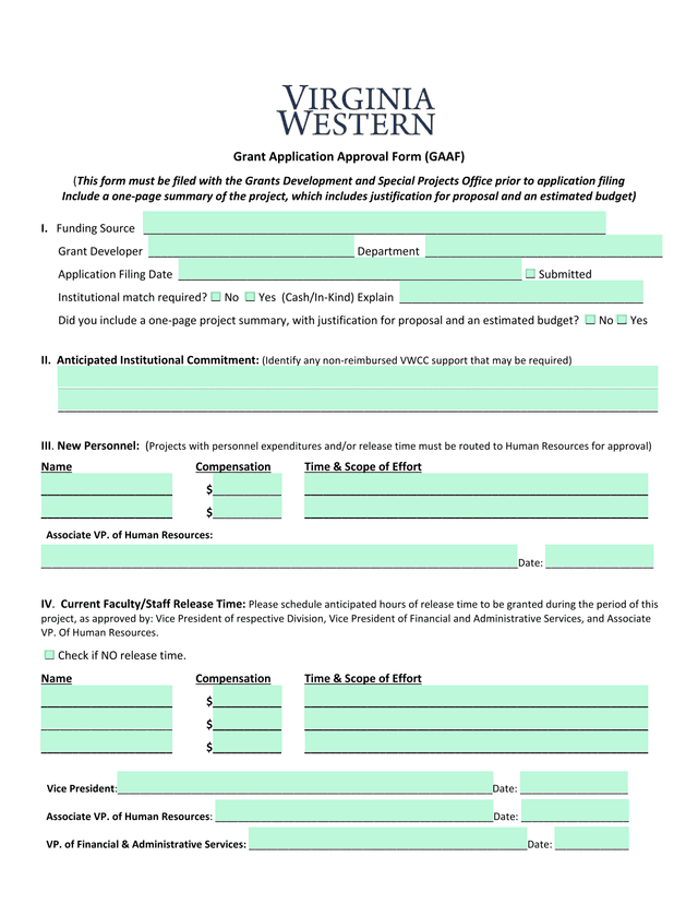 Grant Application Approval Form (GAAF) screenshot