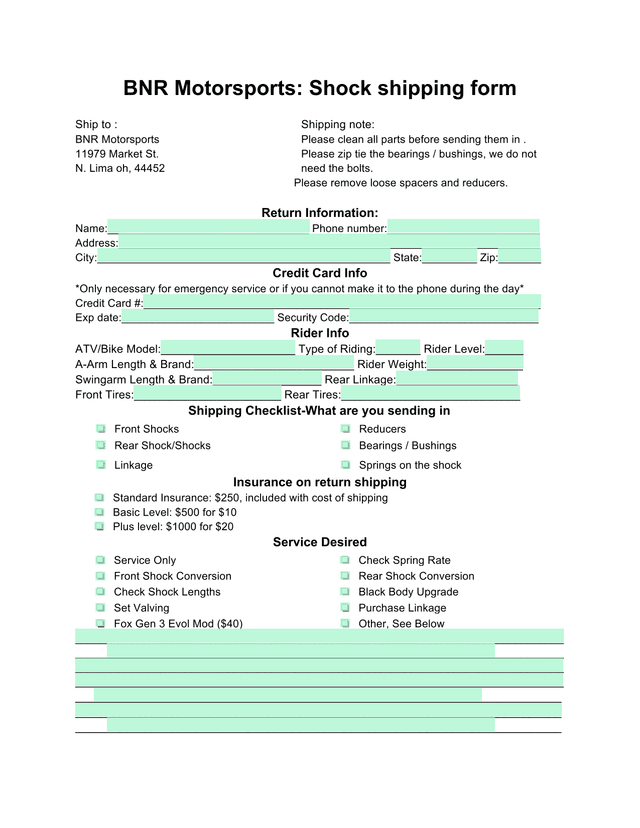 BNR Motorsports Shock Shipping Form screenshot