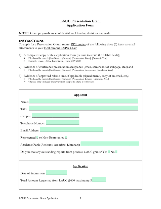 LAUC Presentation Grant Application Form screenshot