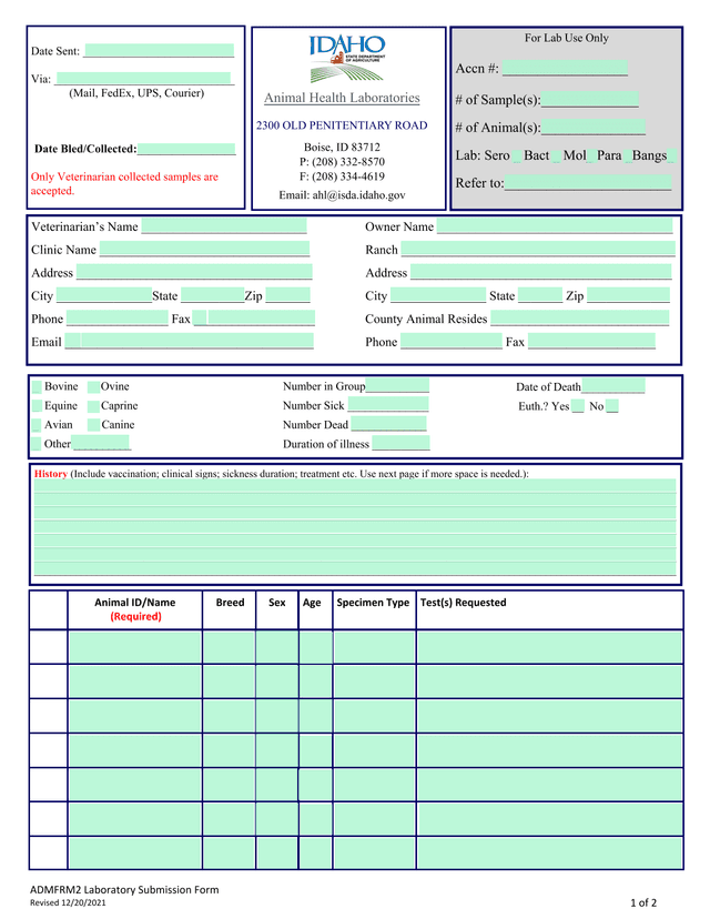 ADMFRM2 Laboratory Submission Form screenshot