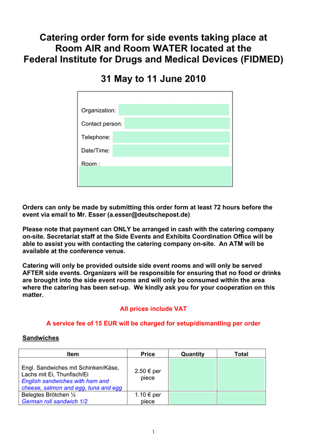 Catering Order Form For Side Events At FIDMED screenshot
