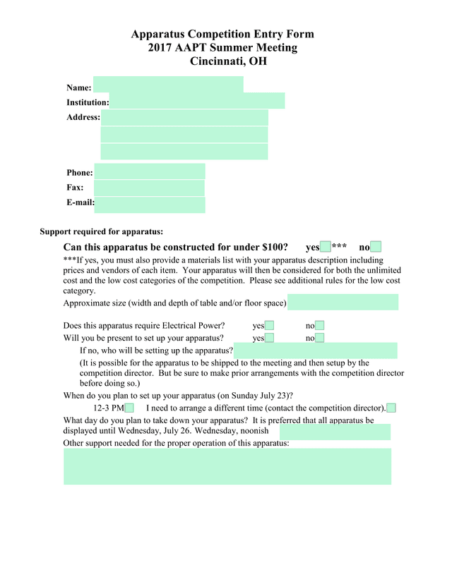 Apparatus Competition Entry Form screenshot