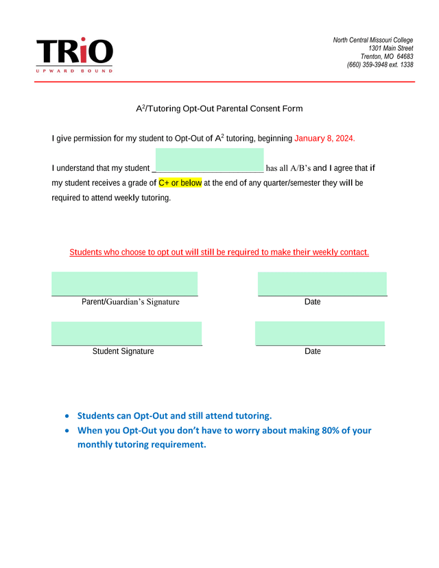 A2Tutoring Opt Out Parental Consent Form screenshot