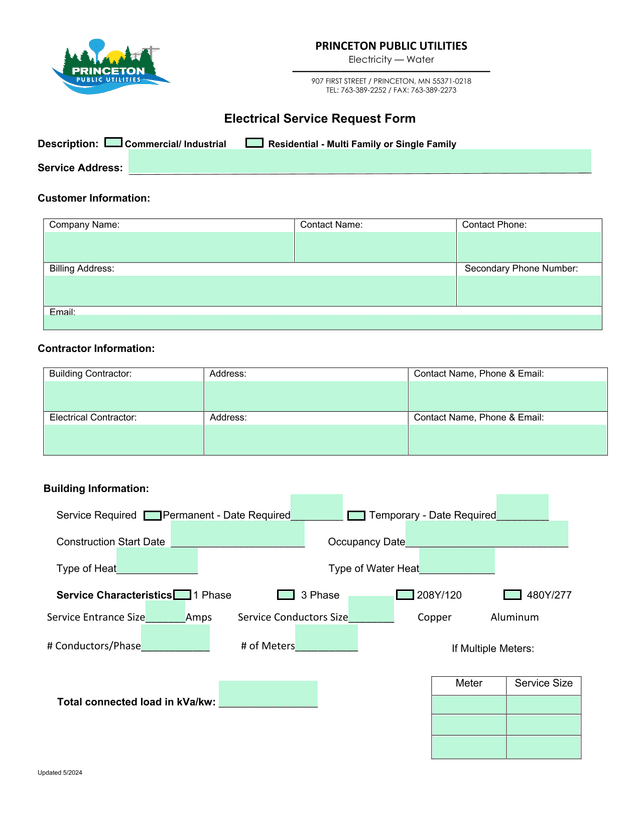 Electrical Service Request Form screenshot