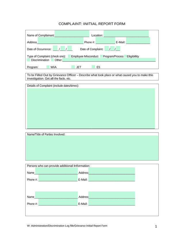 Complaint Initial Report Form screenshot