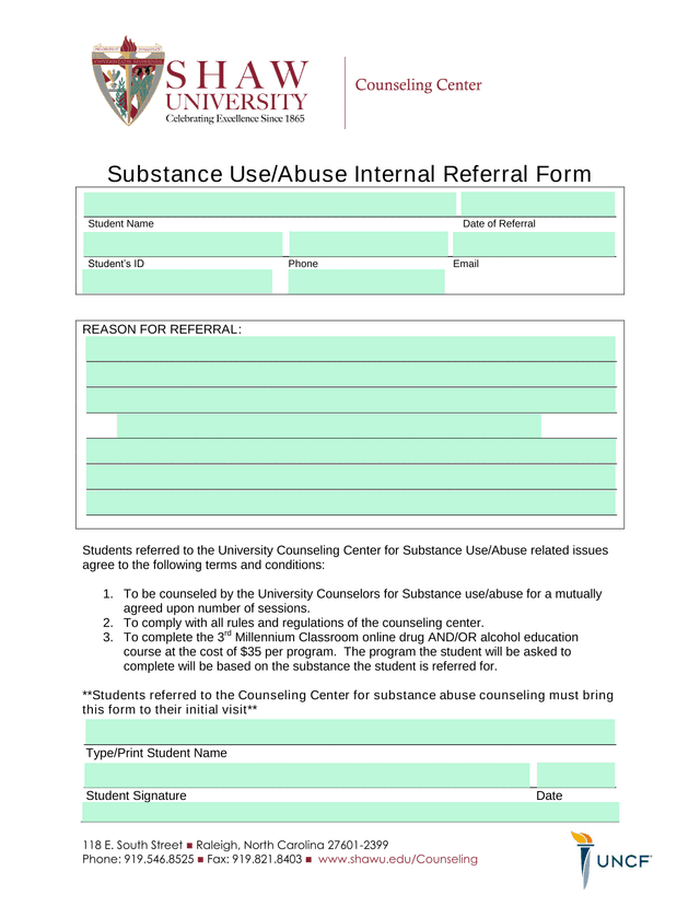Substance UseAbuse Internal Referral Form screenshot