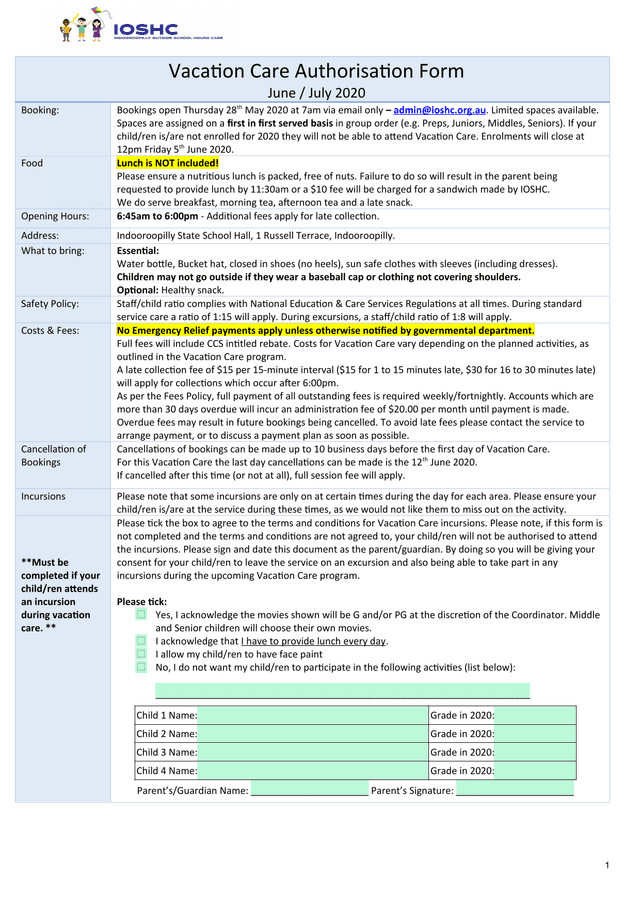 Vacation Care Authorisation Form screenshot
