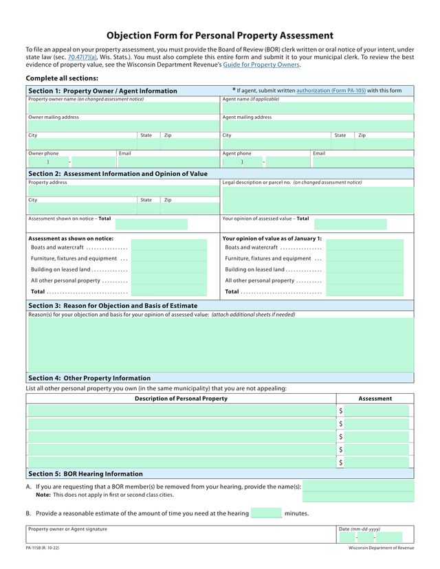 PA 115B Objection Form For Personal Property Assessment screenshot
