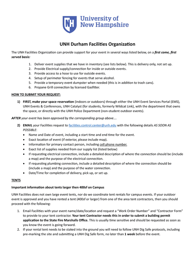 UNH Durham Facilities Organization Event Support Request screenshot