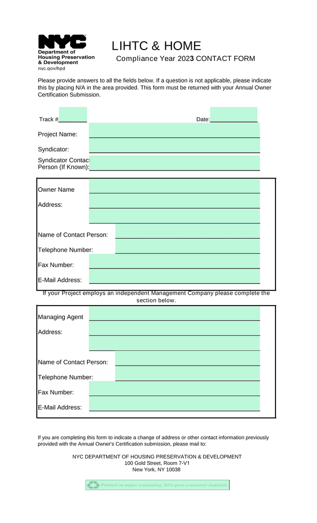 LIHTC  HOME Compliance Year 2023 CONTACT FORM screenshot