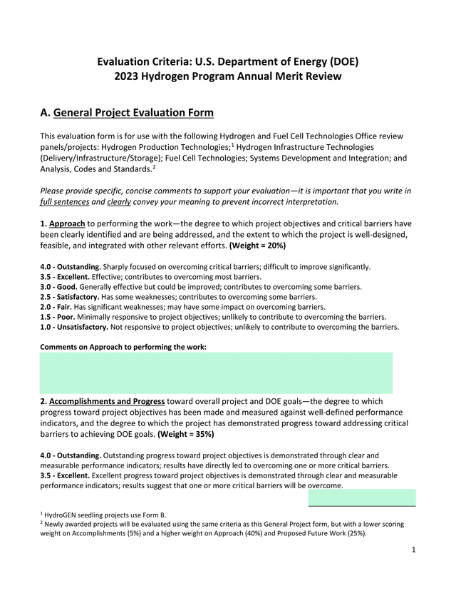 Evaluation Criteria U.S. Department Of Energy (DOE) 2023 Hydrogen Program Annual Merit Review screenshot