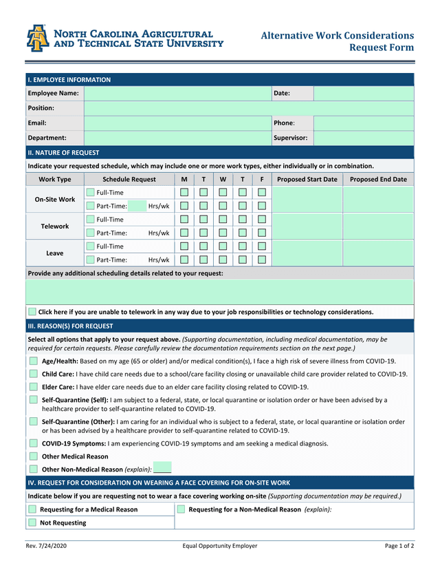 Alternative Work Considerations Request Form screenshot