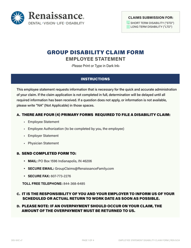 DIS 101C V7 EMPLOYEE STATEMENT DISABILITY CLAIM FORM screenshot