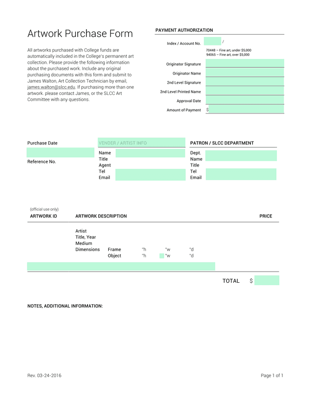 Artwork Purchase Form screenshot