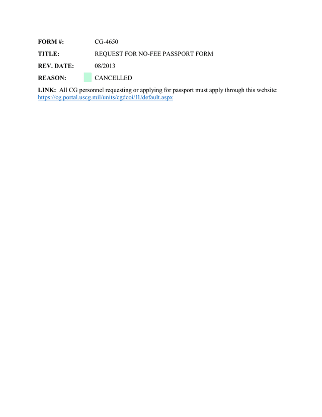 REQUEST FOR NO FEE PASSPORT FORM screenshot