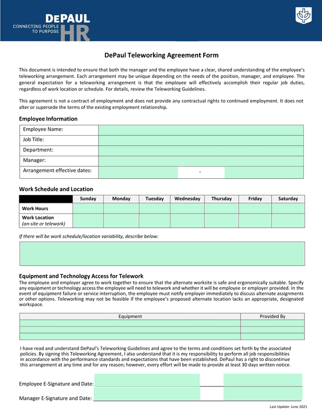 DePaul Teleworking Agreement Form screenshot