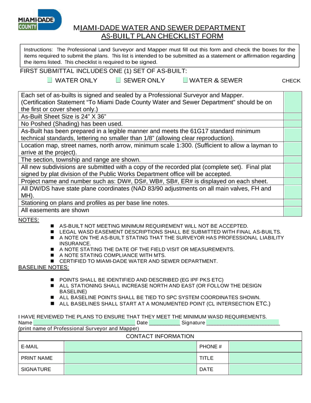 AS BUILT PLAN CHECKLIST FORM screenshot