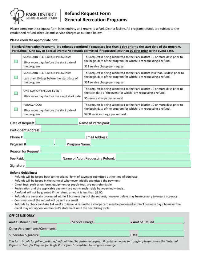Park District Refund Request Form screenshot