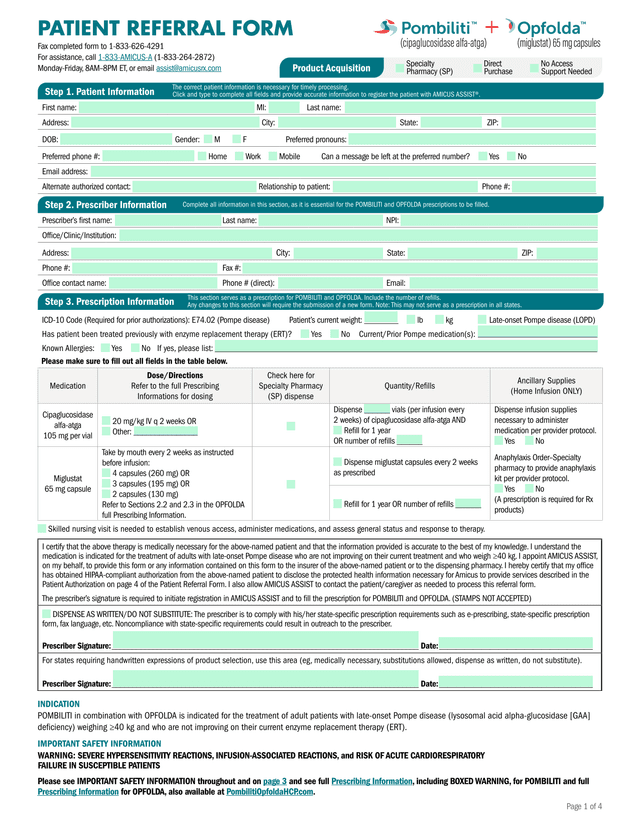 Patient Referral Form For POMBILITI And OPFOLDA screenshot