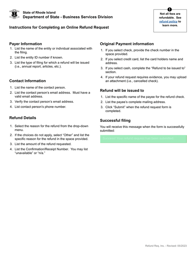 Rhode Island Department Of State Refund Request Form screenshot