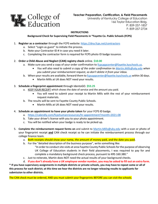 Background Check For Supervising Field Placements In Fayette Co. Public Schools (FCPS) screenshot