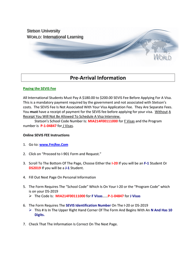 Pre Arrival Information SEVIS Fee And Visa Instructions screenshot