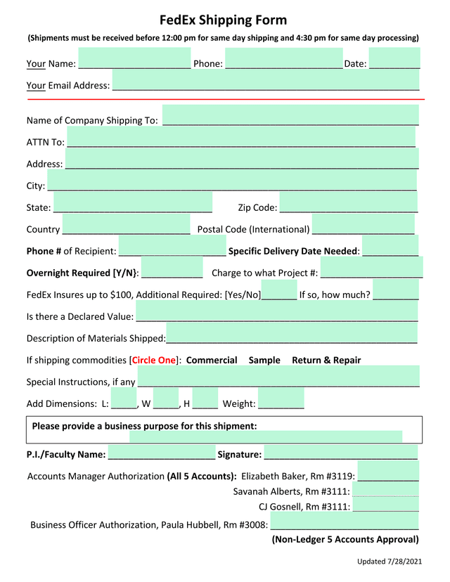 FedEx Shipping Form screenshot