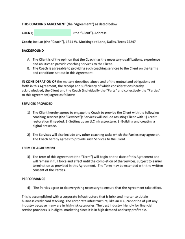 Coaching Agreement screenshot