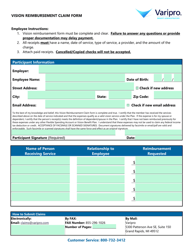 Vision Reimbursement Claim Form screenshot