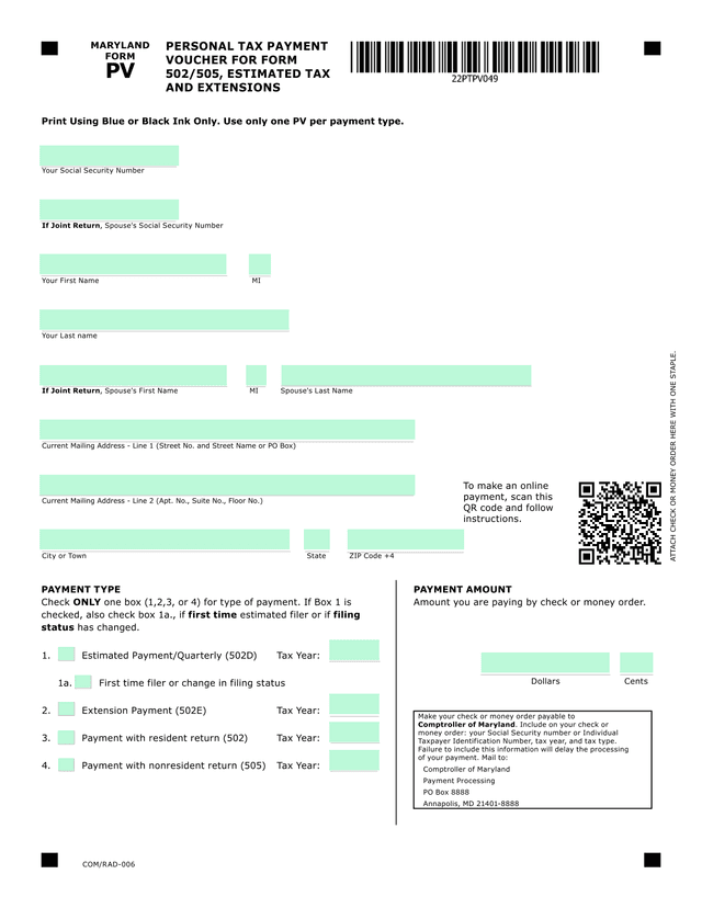 Maryland Form PV Personal Tax Payment Voucher screenshot