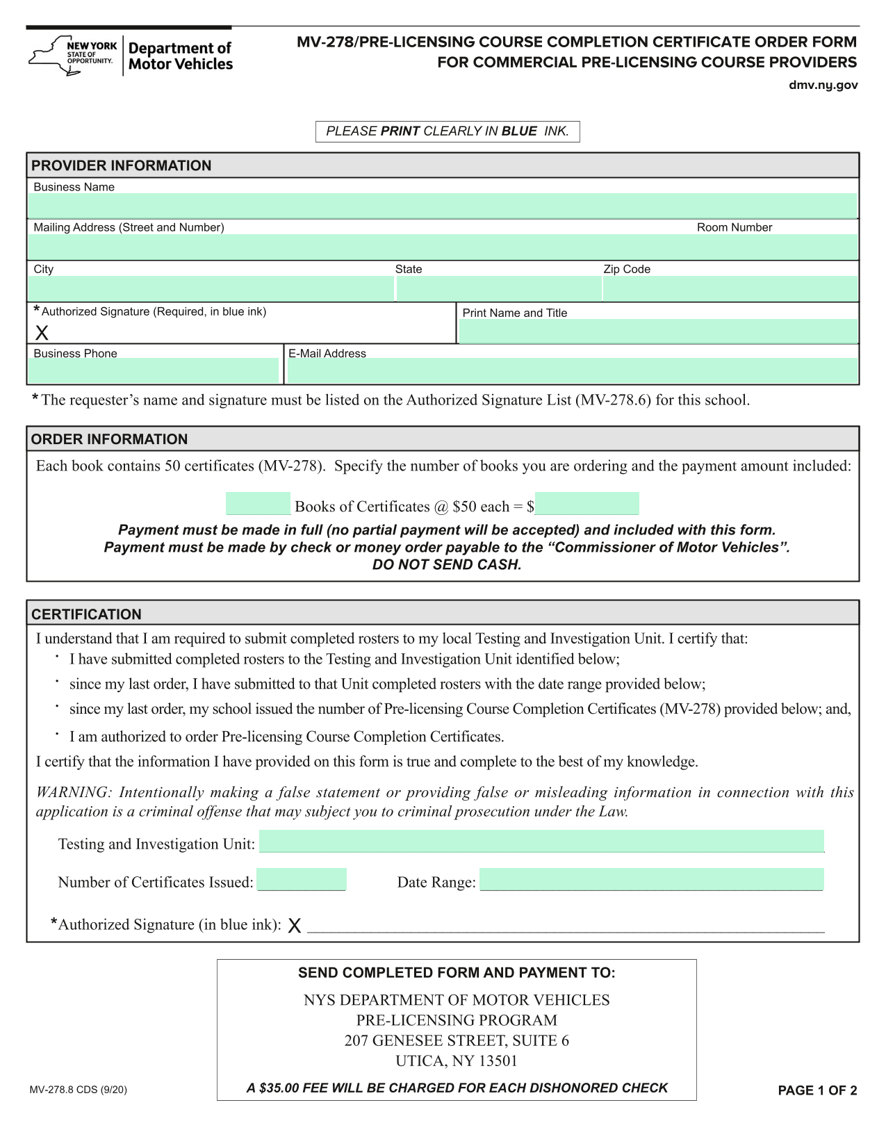 MV 278PRE LICENSING COURSE COMPLETION CERTIFICATE ORDER FORM screenshot