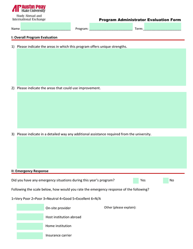 Program Administrator Evaluation Form screenshot
