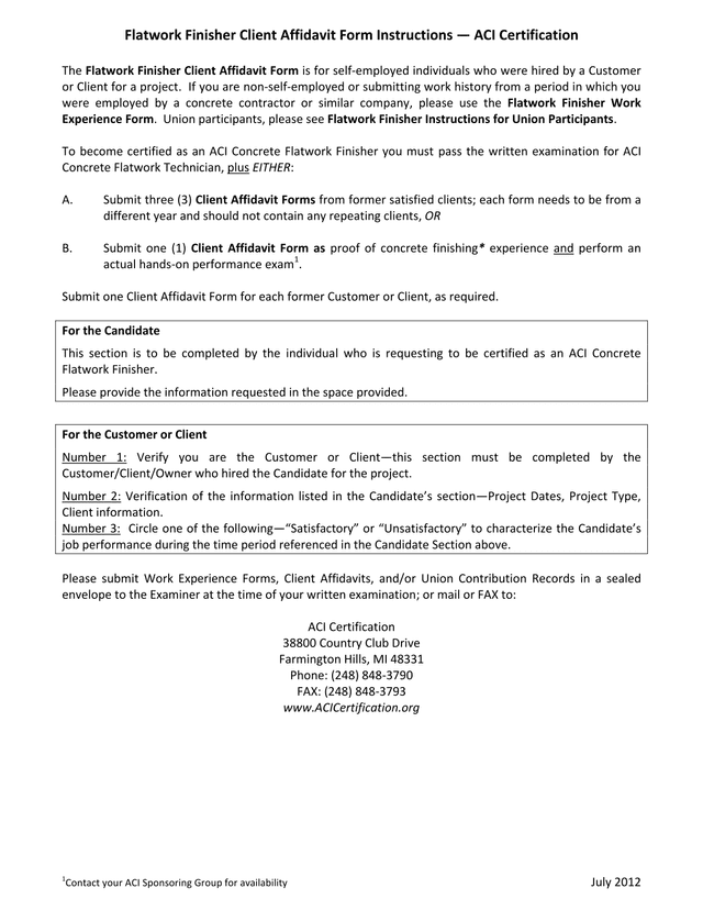 Flatwork Finisher Client Affidavit Form Instructions screenshot
