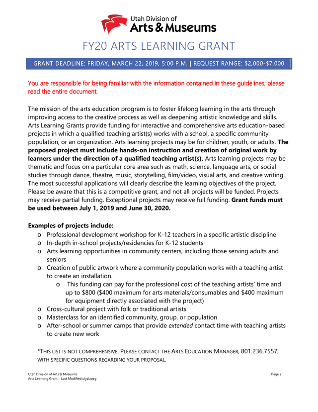 FY20 Arts Learning Grant screenshot