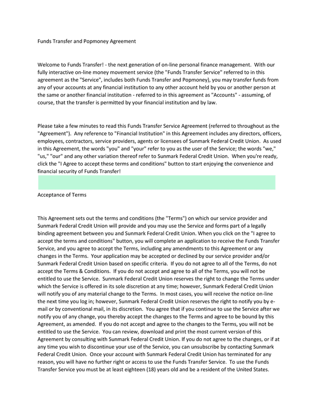 Funds Transfer And Popmoney Agreement screenshot