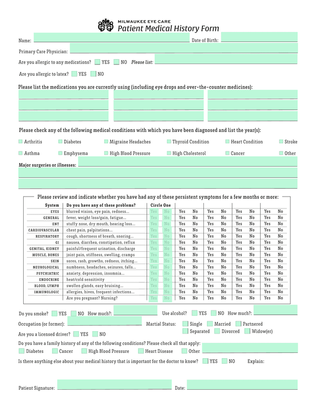 Patient Medical History Form screenshot