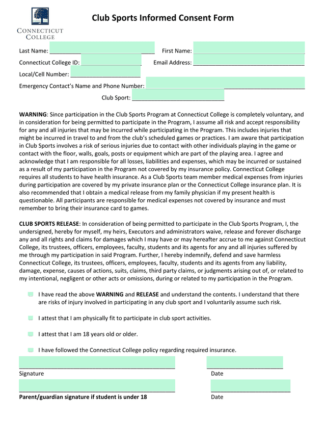 Club Sports Informed Consent Form screenshot