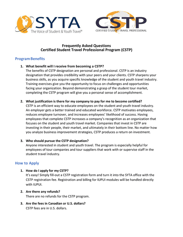 Frequently Asked Questions Certified Student Travel Professional Program (CSTP) screenshot