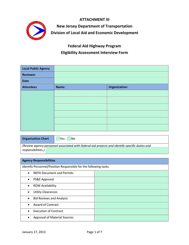 Federal Aid Highway Program Eligibility Assessment Interview Form screenshot
