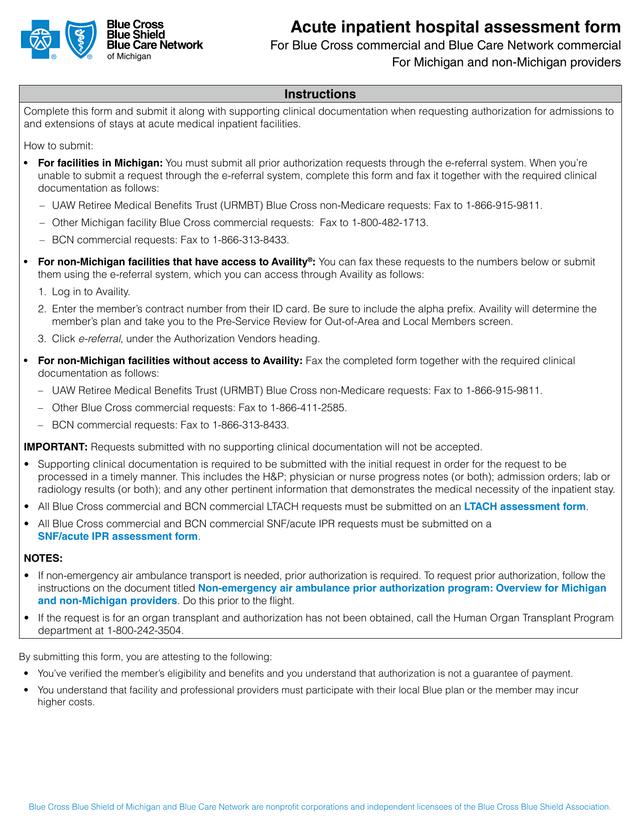 Acute Inpatient Hospital Assessment Form screenshot