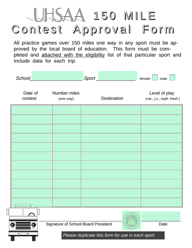 150 Mile Contest Approval Form screenshot