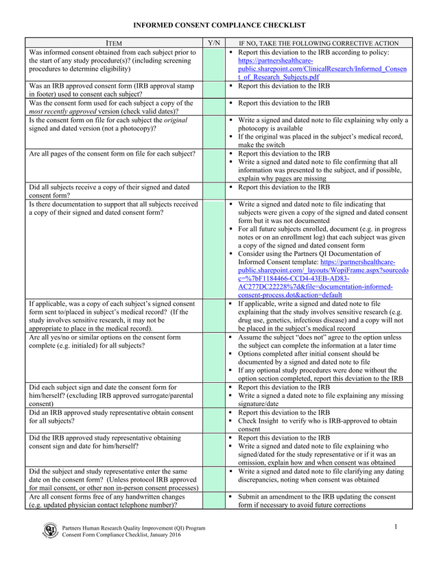 Informed Consent Compliance Checklist screenshot
