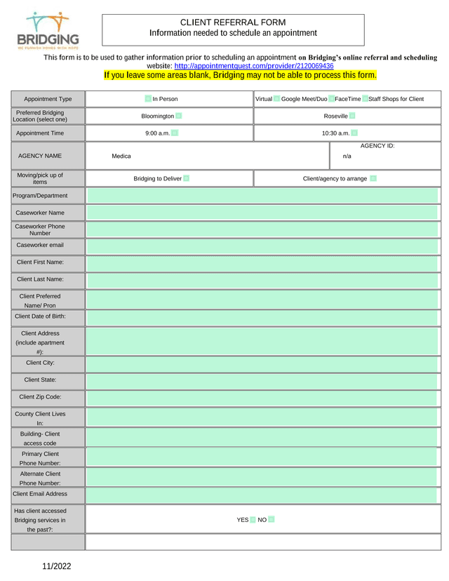 CLIENT REFERRAL FORM screenshot