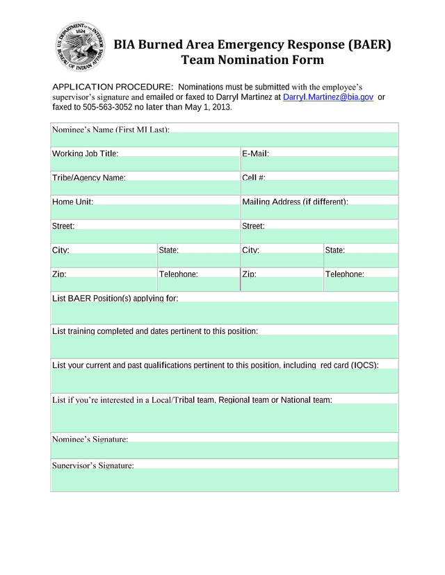 BIA Burned Area Emergency Response (BAER) Team Nomination Form screenshot