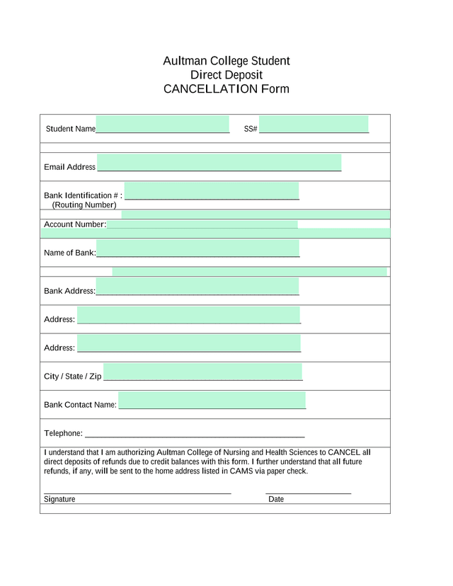 Aultman College Student Direct Deposit CANCELLATION Form screenshot
