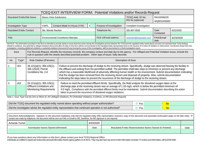 TCEQ Exit Interview Form Potential Violations AndOr Records Request screenshot