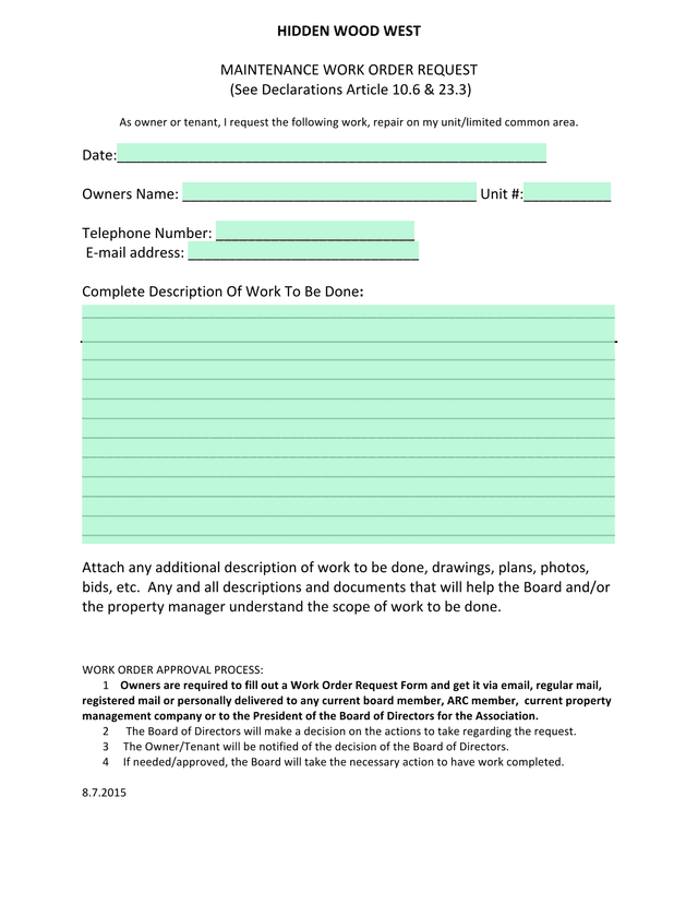 HIDDEN WOOD WEST MAINTENANCE WORK ORDER REQUEST screenshot